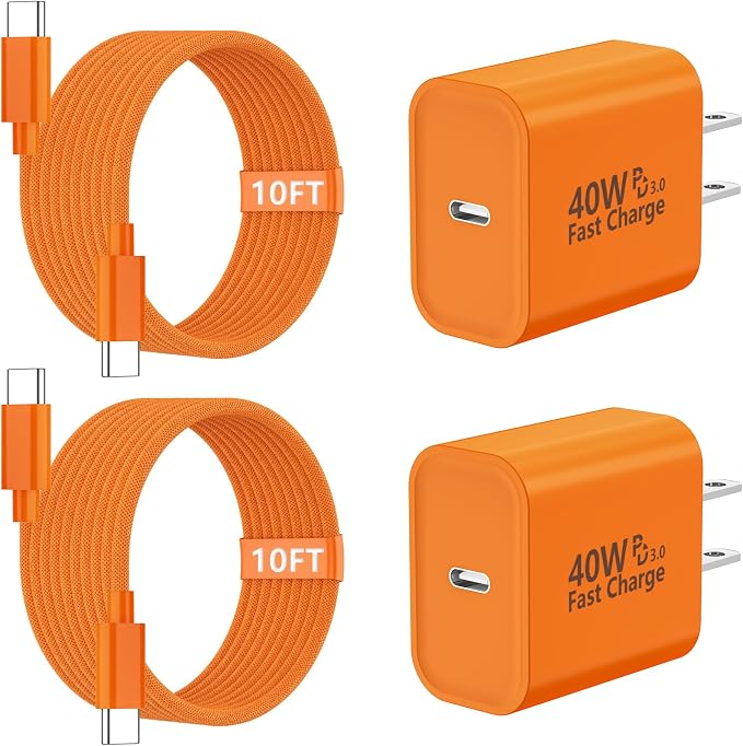 iPhone 17 Pro Max Charger Fast Charging [2-Pack] 40W USB C MFi Certified Fast Charger Block with 2x10FT Woven Type C to C Cable for iPhone 17/Pro Max/Pro/Air/16/16 Pro Max/15/iPad – Orange