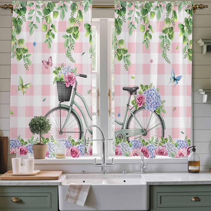 Spring Kitchen Curtains, Bicycles Leaves Butterfly Flowers Pink Buffalo Plaid