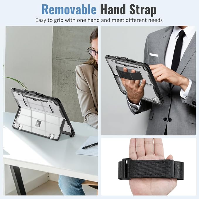 TiMOVO Case for Microsoft Surface Pro 12 Inch 2025 Black | Pen Holder Rugged Clear Back Protective Cover Removable Hand Strap Compatible with Type Cover Keyboard