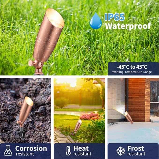 Die-Cast Brass Spot Light Outdoor - 12V LED Uplighting Waterproof, Low Voltage Landscape Lights Direct Wire, Copper for Fence Fountain with Warm White MR16 Replaceable Bulbs (12 Pack)
