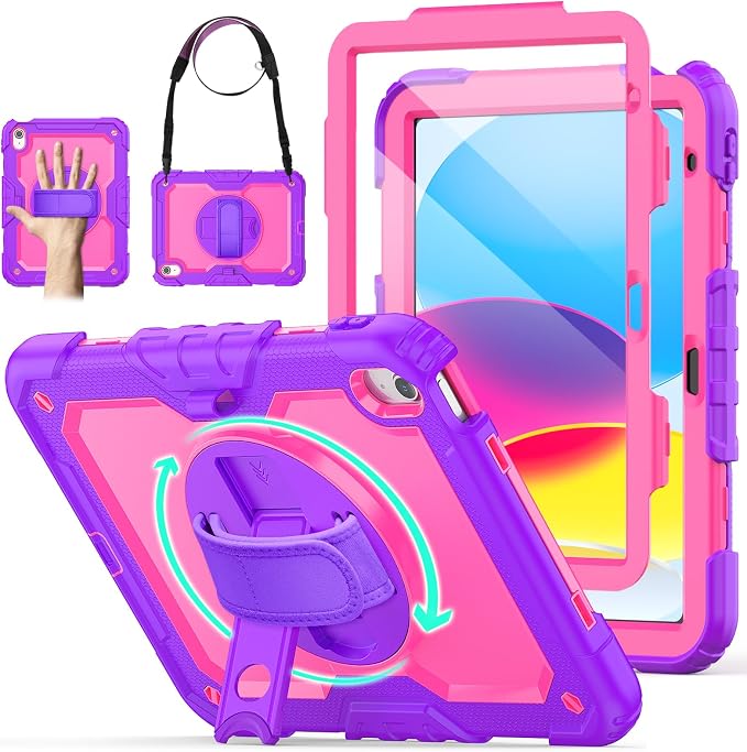 Case for iPad (A16) 11th/10th Generation 11''/10.9'' 2025/2022: Shockproof Protective Case with Hand/Shoulder Strap Pencil Holder Rotate Stand Screen Protector Black
