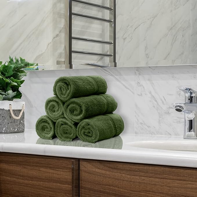 Luxury Hotel & Spa Collection, Quick Dry 100% Turkish Cotton 700 GSM, Eco Friendly Towel, for Bathroom, Gymand Kitchen Dobby Border Soft Hand Towel Set 16 X 30, Moss, Hand Towels - Set of 6