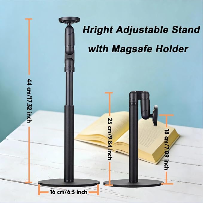 Magnetic Cell Phone Stand for MagSafeHeight Adjustable Holder for Desk | 360°Rotation Compatible with iPhone 17/16/15/14/13/12 Pro Max and All Phones