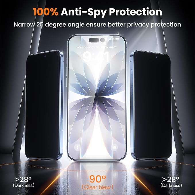 3-Pack for iPhone 16 Plus/15 Plus Screen Protector Privacy 9H+ Tempered Glass Scratch &amp Drop Resistant Smooth &amp Clear Easy Installation Full Coverage