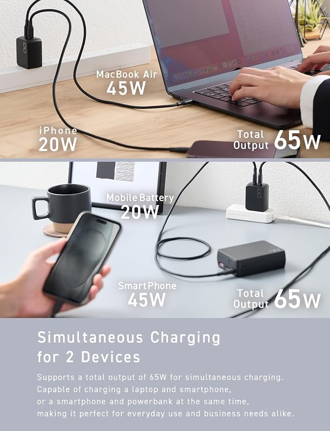 CIO NovaPort Duo II 67W2C Dual USB-C GaN Fast Charge Block (Black) | Compact 2-port fast charging wall adapter 67W max output for laptop phone and tablet