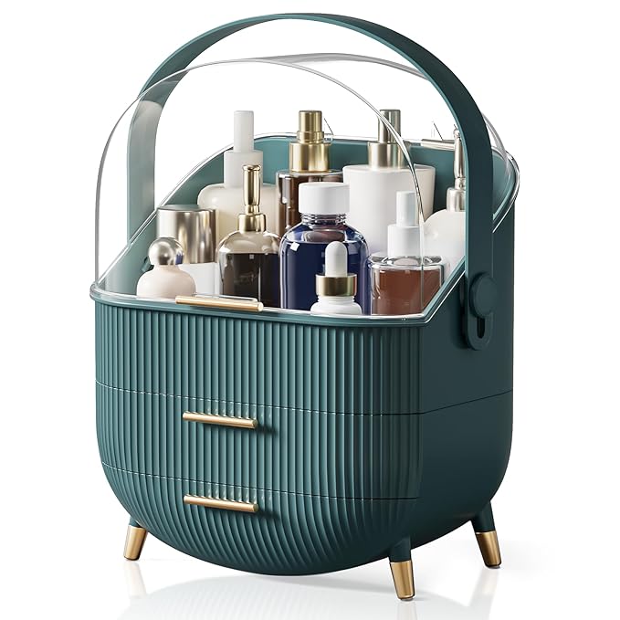 Makeup Organizers, Make Up Organizers for Vanity, Countertop Cosmetic Storage with Drawers and Transparent Cover for Bedroom Bathroom (Green)
