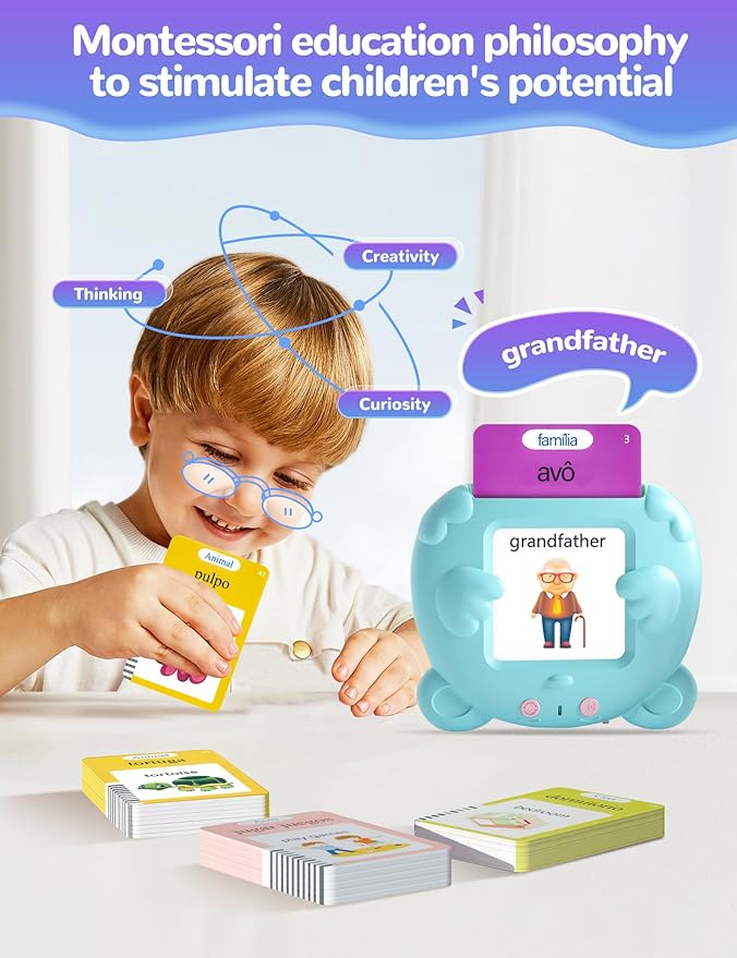 Portuguese and English Talking Flash Cards for Kids, 510 Sight Words Bilingual Learning Toys for Toddlers, Autism Pocket Speech Therapy Toys, Brazil Português Vocabulary Educational Flashcards
