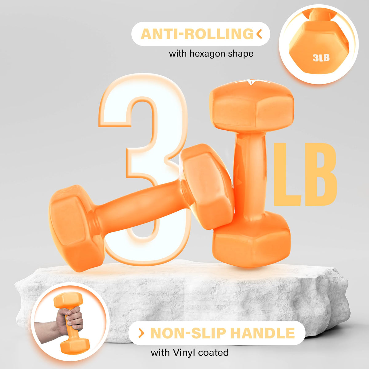 Yes4All Dumbbell Vinyl Coated - 3 lbs - Blazing Orange - Pair
