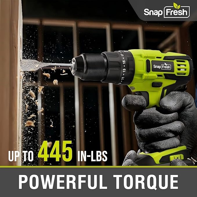 SnapFresh 20V Cordless Impact Drill-1/2" Power Drill/Driver Set,445in-lbs Torque Max,2 Variable Speeds, 43Pcs Bits w/case,2.0Ah Battery & Fast Charger Included, Power Tools