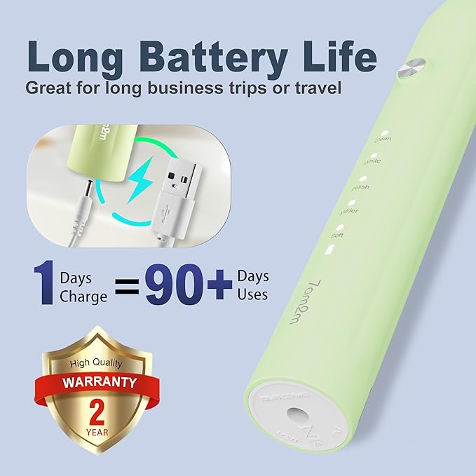 7AM2M Sonic Electric Toothbrush for Adults and Kids, with 8 Brush Heads and Travel Case,5 Modes with 2 Minutes Built in Smart Timer, One Charge Use for 90 Days, Rechargeable Toothbrushes (Light Green)