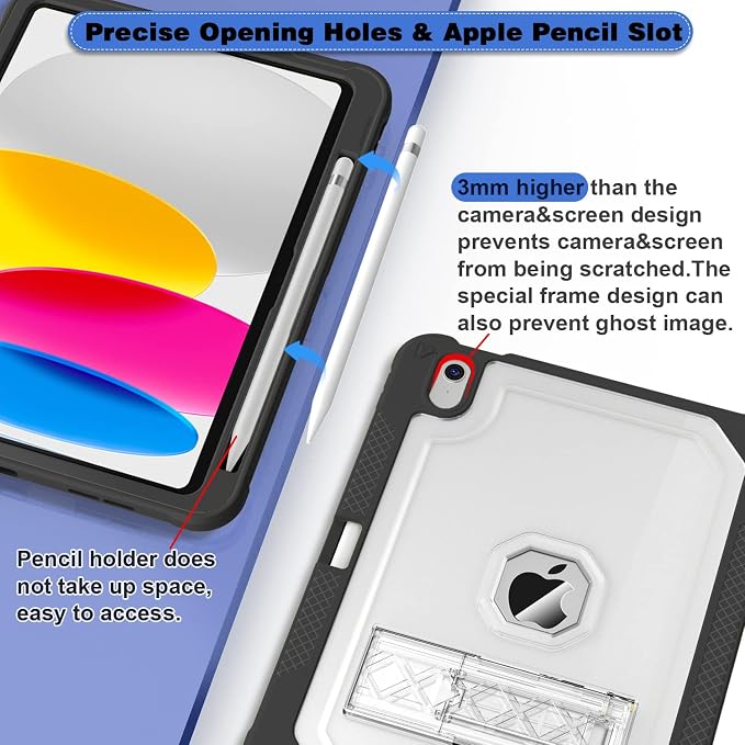 ZoneFoker Case for iPad 11-inch (A16) 2025 / iPad 10th Gen 10.9 inch 2022 Heavy Duty Shockproof Rugged Protective with Pencil Holder 11th / 10th Translucent Cover with Kickstand