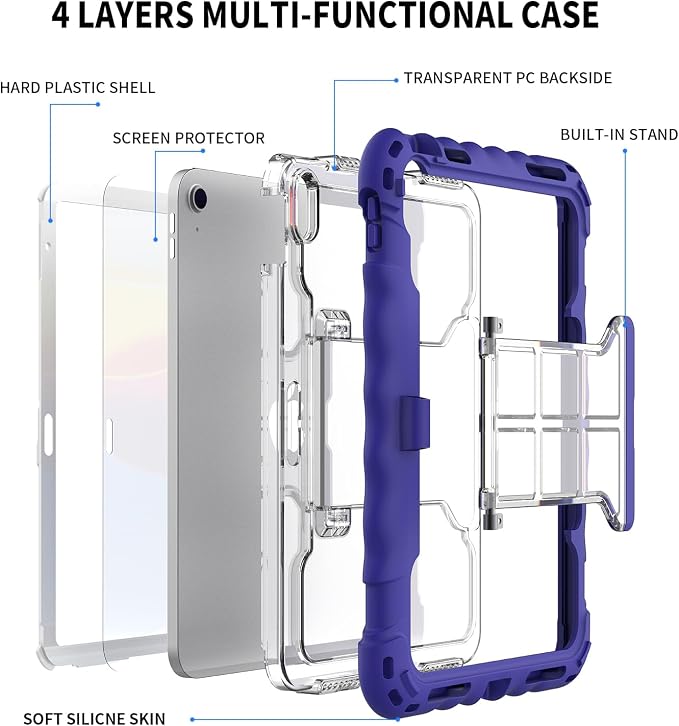 iPad (A16) 11th Generation 2025 11-inch/10th Generation 2022 10.9-inch Protective Case Silicone Shockproof Case with Screen Protector Pencil Storage Slot Shoulder Strap Handle Stand (A-Blue)