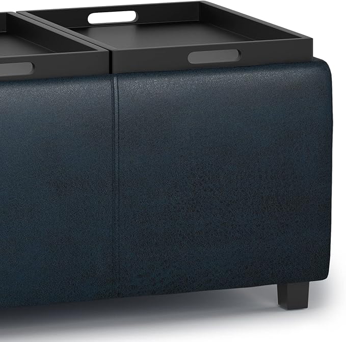 SIMPLIHOME Avalon Storage Ottoman - 42 inch Wide Upholstered Vegan Leather Rectangular Flip-Top Ottoman in Distressed Dark Blue, Contemporary Coffee Table Ottoman for Living Room with Hidden Storage