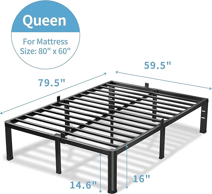 16 Inch Queen Bed Frame, 3500Lbs Heavy Duty Metal Platform with Round Corner Legs Mattress Slide Stopper, Steel Slat Support No Box Spring Needed, Noise Free, Non-Slip, Easy Assembly