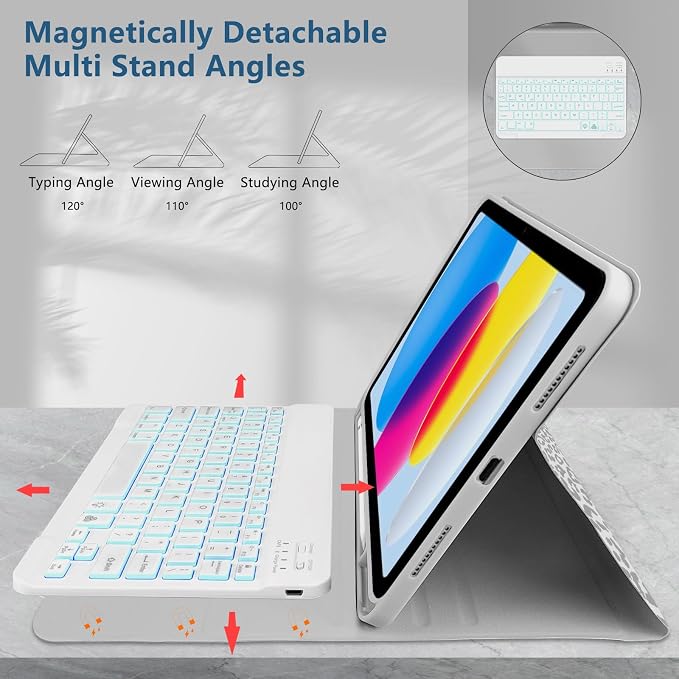 for Bluetooth Keyboard for iPad 10th Gen 10.9 inch (2022) case (A16) 11th / 10th Gen Case 11'' (2025) with 7-Color Backlights Pencil Holder Detachable Rechargeable - Black Cow