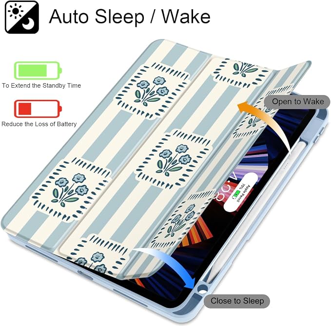 Mektron Case for iPad Pro 11 inch Case M2 2022 Generation 4th Fit 2021 2020 2018 iPad Pro 11 (3rd 2nd &amp 1st Gen) -Buit in Pencil Holder with Shockproof Cover Clear Shell Blue Bows &amp Flower