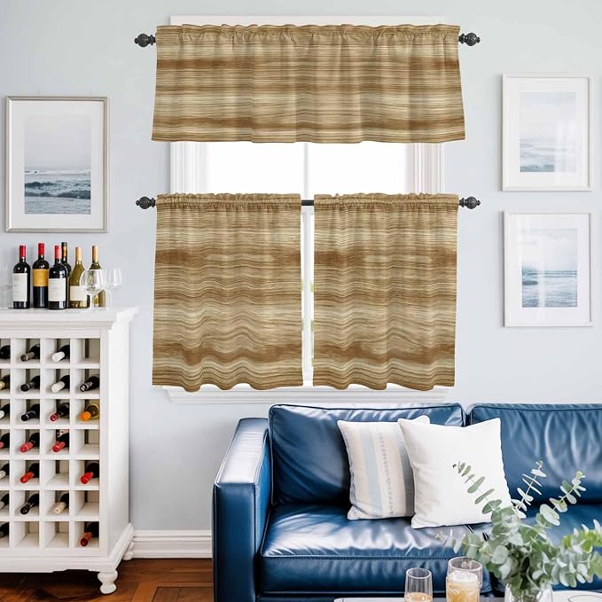 Kitchen Curtains Tiers and Valance Set of 3, Light Brown Wood Grain Light
