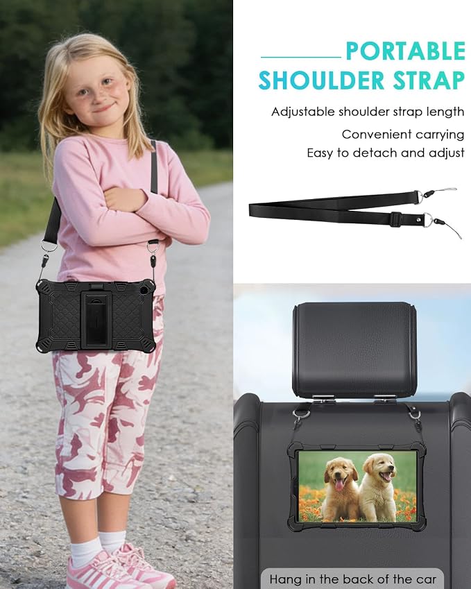 DETUOSI Case for Samsung Galaxy Tab A7 Lite 8.7 2021 Black | Soft Silicone Case with Stylus Pen &amp Shoulder Strap Pen Holder Adjustable Stand Multi-angle Case for Galaxy Tab A7 Lite