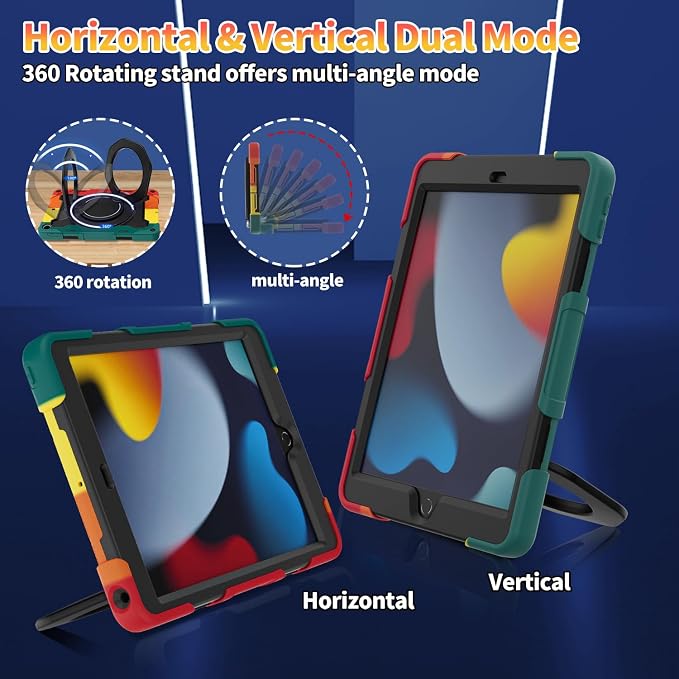 for iPad 9th 8th 7th Generation Case(iPad 10.2 inch) for Kids | 15ft Drop Protection Rugged with 360 Kickstand Handle Shoulder Strap，HD Screen Protector，Shockproof (2021/2020/2019 Release)