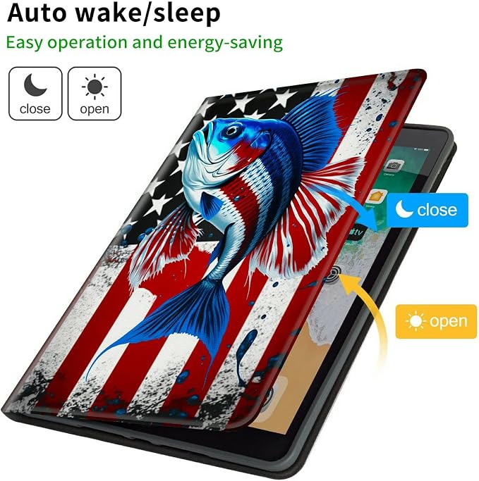 Case for Samsung Galaxy Tab A9 Plus 2023/A11 Plus 2025 11 inch Lightweight Protective PU Leather Smart Stand Cover with Auto Wake Sleep Tablet Case Cover - American Flag &amp Fish