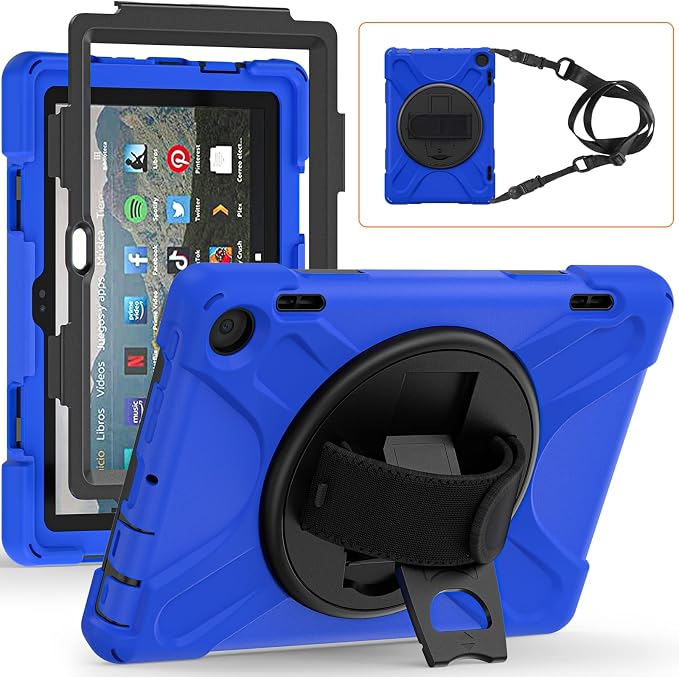 Rugged Case for Amazon-Kindle-Fire-HD-8 &amp 8 Plus Tablet (12th Generation 2022) 8“ w/ 360° Rotating Hands-Free Kickstand Full Body Armor Heavy Duty Shock-Proof Cover w/Hand/Shoulder Strap(Black)