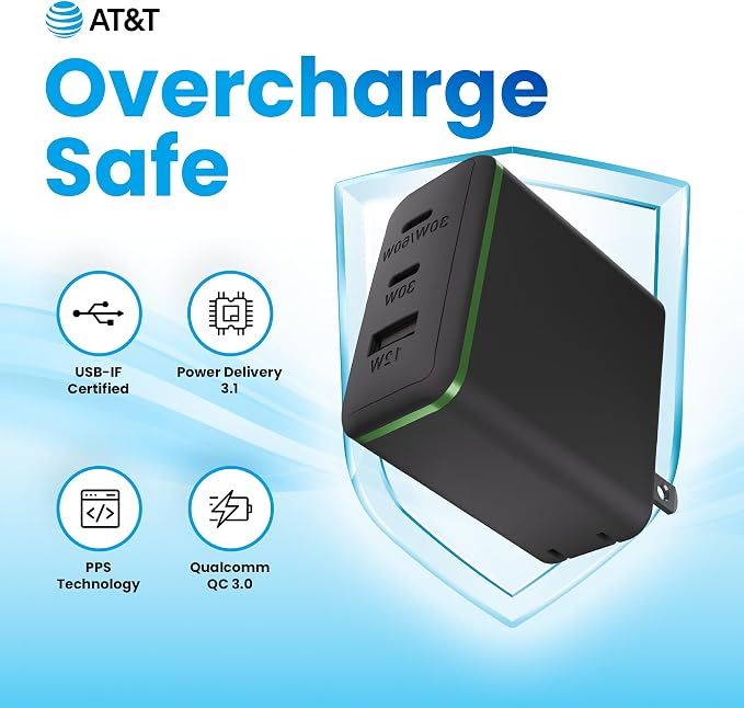 AT&ampT USB-C Wall Charger Fast Charging Power Adapter Foldable Prongs Travel-Friendly for Compatible with iPhone iPad Samsung Galaxy Google Pixel (20W White)