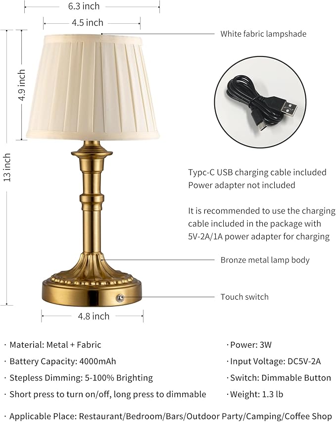 KDG Cordless Portables Table Lamp, LED Fabric Shade Small Desk Lamps, 4000mAh Battery Powered Lighting, 2700K Stepless Dimmable Light for Living Room, Dining Room, Bedroom, Bedside (Bronze)