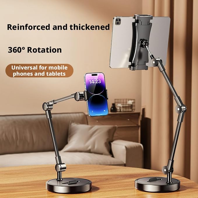 Dual Phone Stand for Desk 2-in-1 Holder with 762g Weighted Base 360° Adjustable Arm for Live Streaming &amp Learning