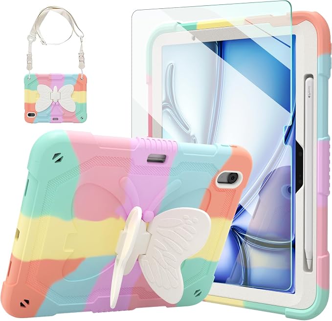 Ambison iPad Air 11 inch Case 6th Generation 2024(M2) with 9H Tempered Glass Screen ProtectorFull-Body Shockproof Sturdy Cute Cover with Butterfly Wings StandShoulder StrapPencil Holder-Multicolor
