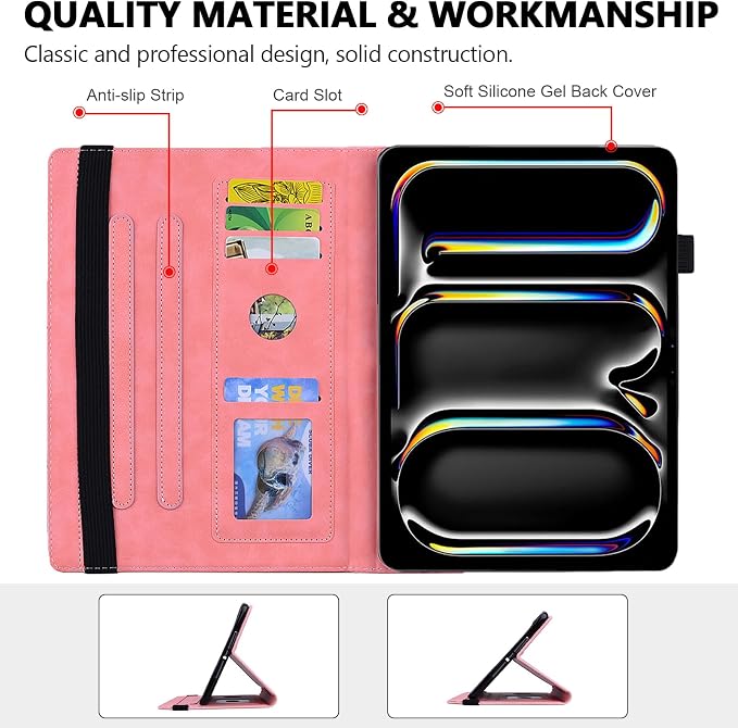 Folio Case for iPad Pro 11 2018-2022 iPad Air 11 2025/2024/Air 10.9 - Techcircle Stand Mandala Embossed PU Leather Soft TPU Cover with Elastic Strap Card Slots Pencil Holder - Pink