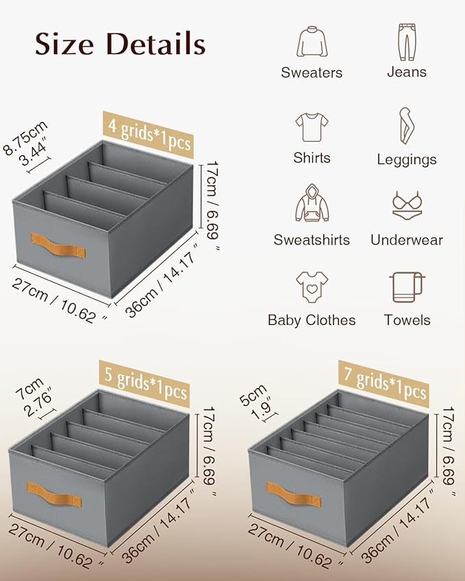 Homsorout Clothes Organizers and Storage - 4/5/7 Grids Fabric Jeans Organizer with Handles, Foldable Closet Organizers Dividers, Wardrobe organizer for Pant, Sweater, T-shirt, Scarf, 3 Pack, Pale Grey