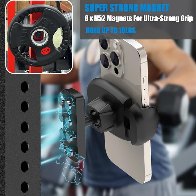TONDA Gym Magnetic Phone Holder【Strong Magnets】 360 Adjustable Magnetic Phone Mount Phone Tripod Holder Gym Accessories for Women Men Workout Essentials for 4-7 Smartphones