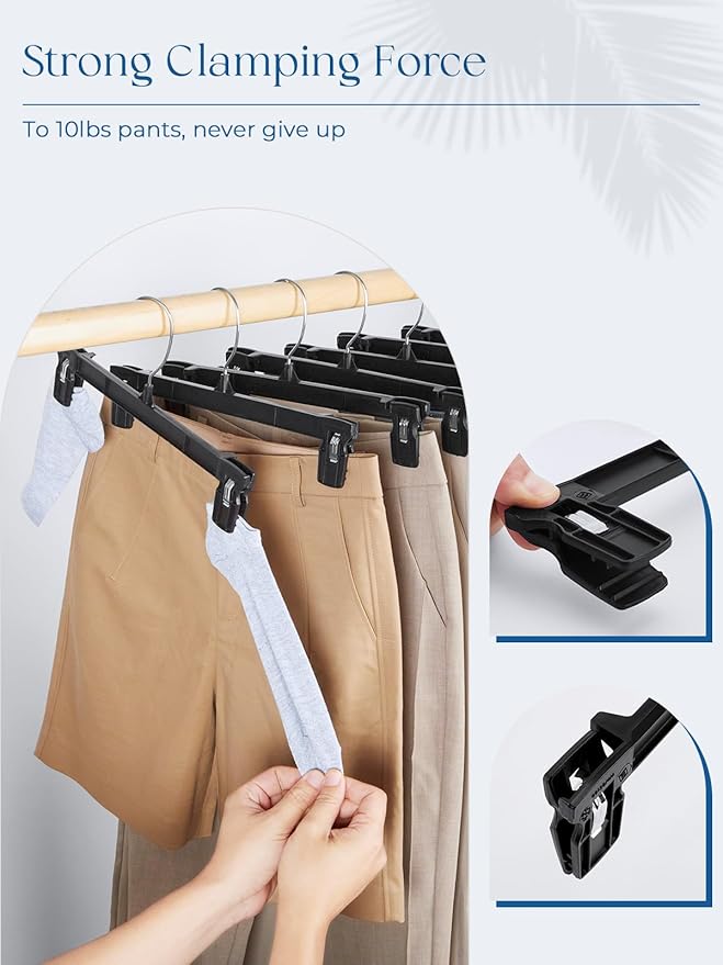 Smartor Space Saving Skirt Hangers - 150 Pack, Slim Plastic Pants and Shorts Hangers, Ridged Non-Slip with Pinch Clips, Black Clip Hanger for Women, 360-Rotating Chrome Swivel Hook, 14 Inches