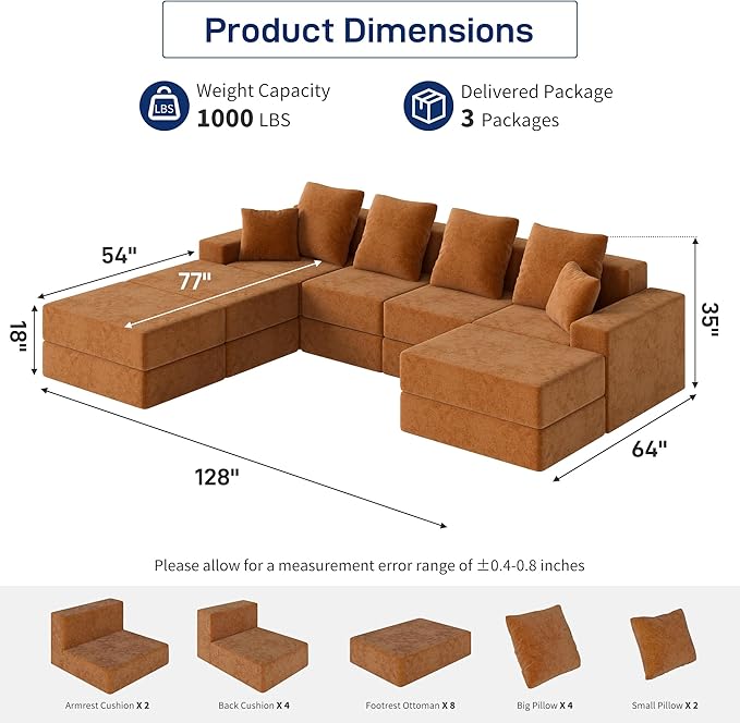 Living&Giving 128" U-Shaped Cloud Sectional Couch for Living Room, Cloud Boneless Couch-No Assembly with Reversible Chaise, Customizable 4-Seat Modular Sectional Sofa with 3 Ottoman, Orange