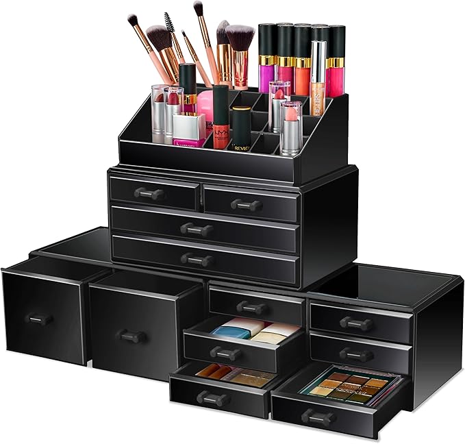 Sorbus Large Makeup Organizer - Stackable Jewelry & Makeup Organizer For Vanity, Bathroom Storage, Dresser - 12 Drawers Cosmetic Beauty Organizers and Storage with Lipstick, Makeup Brush Holder