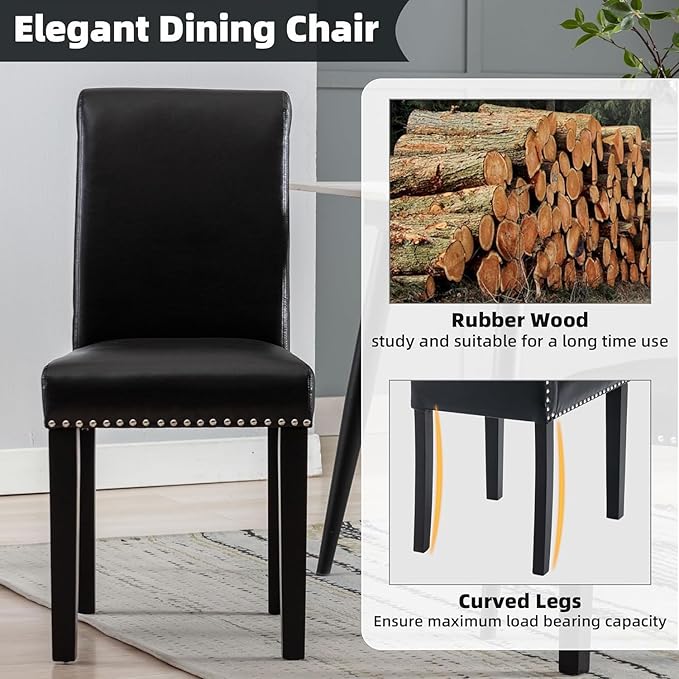 Westice Dining Room Chairs Set of 6 Upholstered PU Leather Kitchen Chairs Dining Room Side Chair with Nailhead Trim and Rubber Wood Legs for Small Space Apartment, Black