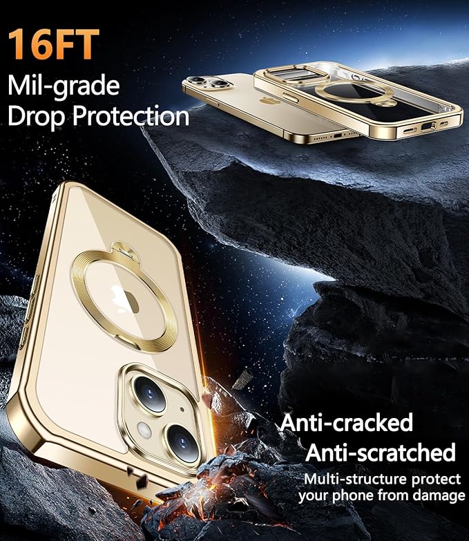 [360° Rotatable CD Stand & Built-in Privacy Screen Magnetic Case for iPhone 15 [Compatible with MagSafe & Full Signal] Mil-Grade Shockproof Full Body Anti-Spy Cover for 15-Gold