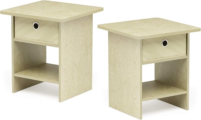 Furinno Dario End Table/Night Stand Storage Shelf with Bin Drawer, Beige Marble/Ivory, Set of 2