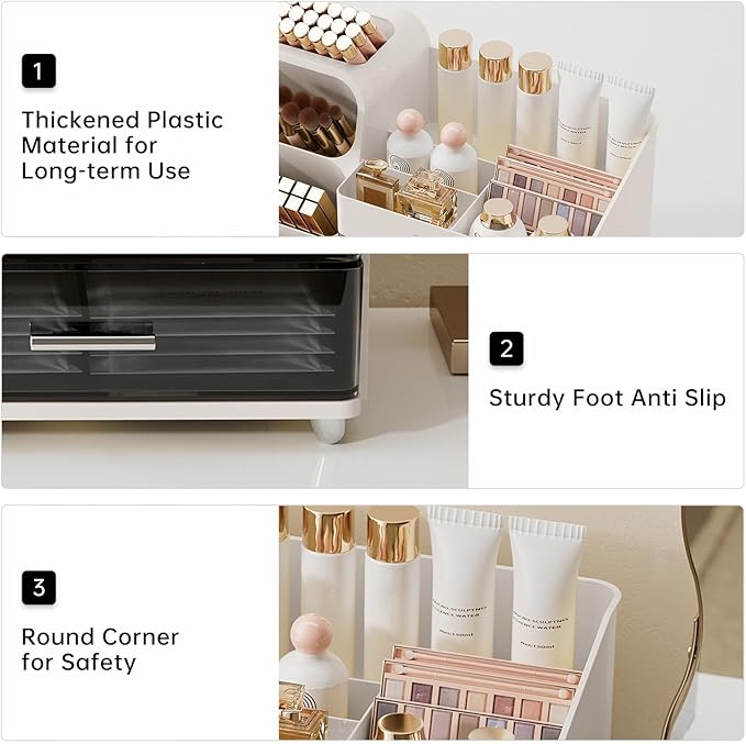 Makeup Organizer for Vanity with Brush Holder, Countertop Organizer with 2 Drawers, Spacious Cosmetic Display Case for Beauty Essential, Skincare, Lipstick
