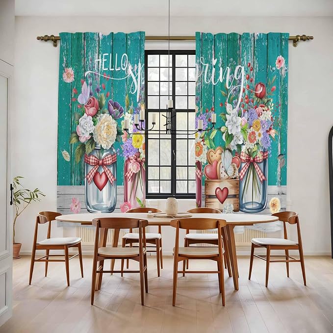 Spring Flowers Kitchen Curtains, Farmhouse Watercolor Teal Wood Grain Light