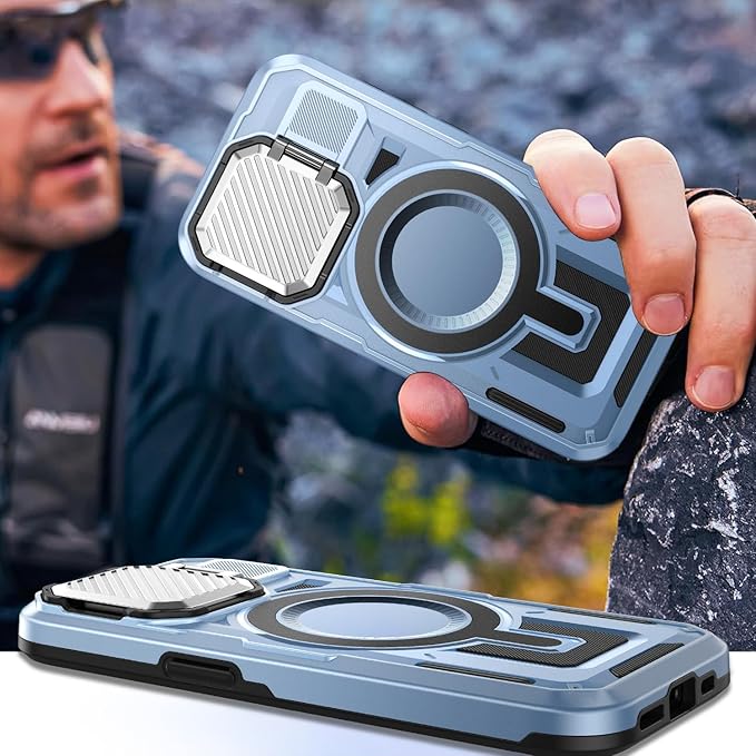 Camera Stand Case for iPhone 16E, [Compatible with Mag Safe] [Lens Cover] 2024 Version Military Grade Protective Soft Case for iPhone 16E 6.3 inch Men Women, Blue