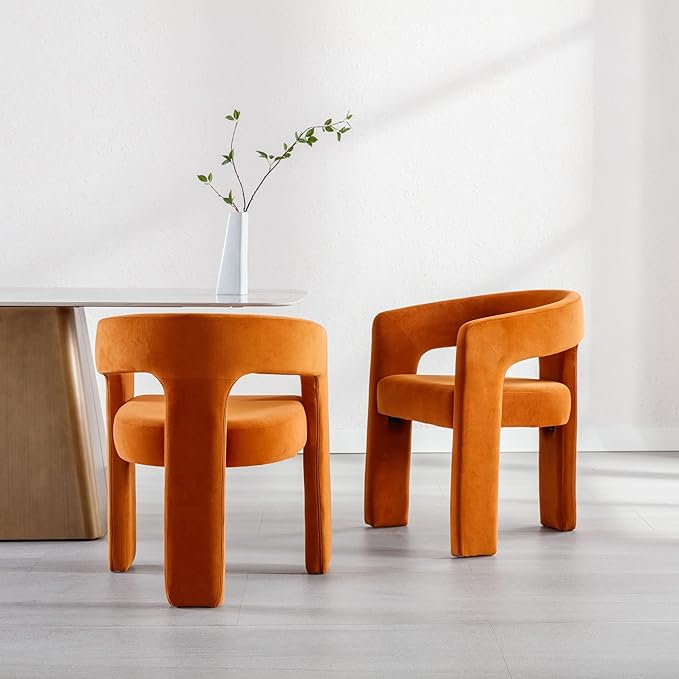 Modern Velvet Fabric Upholstered Dining Chairs with Open-Back, Cute Barrel Side Chairs Kitchen Armchair Accent Chairs for Dining Room Bedroom, Orange