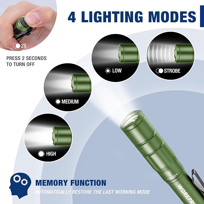 WORKPRO Rechargeable Pen Light 2 Pack Ultra-Compact EDC Flashlight Black | Mini Flashlight Pocket Flashlight with Clip Memory Function and 2 x USB C Cable Included