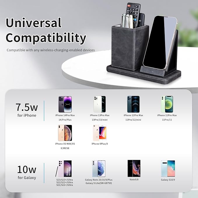 Wireless Charger with Desk Organizer Wireless Charging Station for iPhone 13/13 Pro Max/13 Pro/12 Series/11/XS Max/XR/X/8Plus/SE 2 Wireless Charging Stand with Leather… (Black)