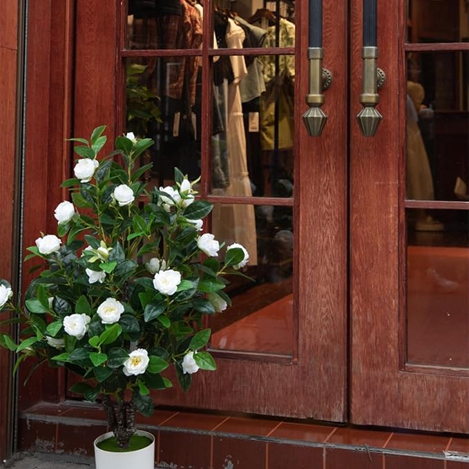 Artificial Camellia Tree 35in Faux Floral Plant with Red Flowers and Green Leaves - No Maintenance Indoor Outdoor Office Home Porch Decor Housewarming Gift(2 Pack - RED)