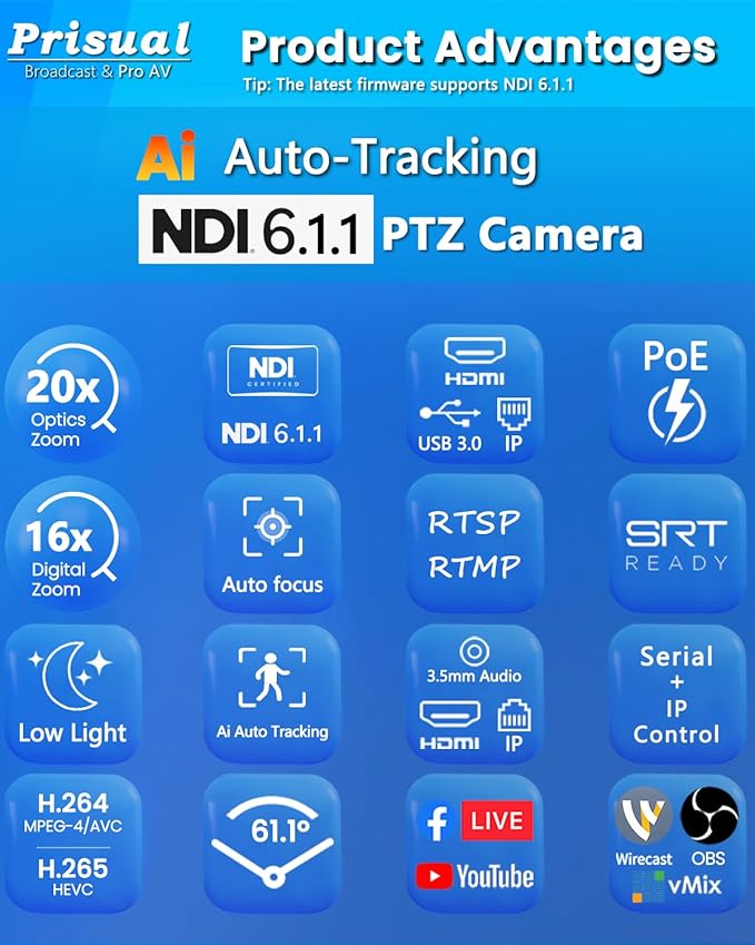 Prisual NDI 6.1.1 PTZ Camera, Ai Auto-Tracking, 20x Optical Zoom LAN USB3.0 PoE HDMI PTZ Camera for Church Services Worship Education Live Events(Official NDI Certified) PT20X-UL-N