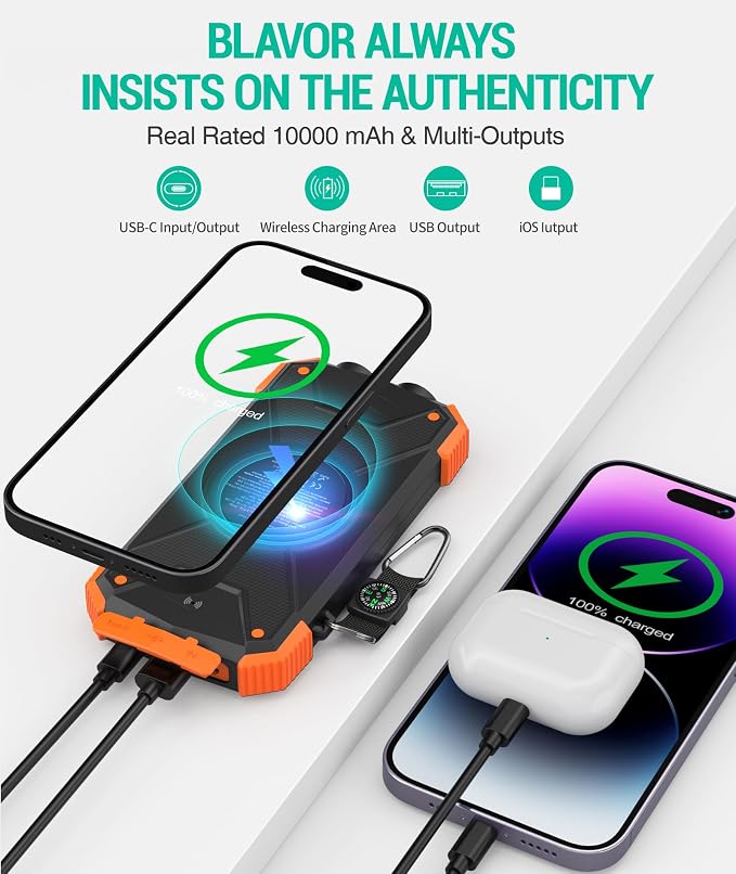BLAVOR Solar Power Bank 10000mAh Portable Wireless Charger 20W Fast Charging External Battery Pack with USB C for Cell Phones Solar Panel Charging with Dual Flashlight for Camping