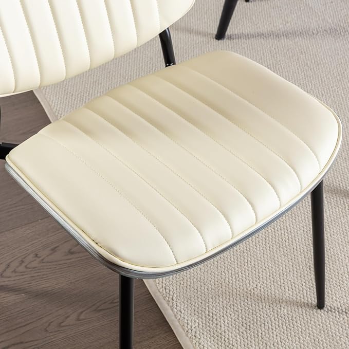 Dining Chairs Set of 6, Mid Century Modern Accent Dining Room and Kitchen Chairs, Upholstered PU Leather Vertical Stripe Chairs for Vanity with Walnut Bentwood and Metal Legs, Beige