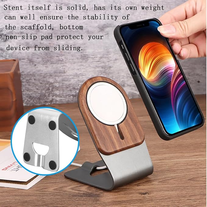 Luxury Aluminium Aloy + Solid Wooden Desktop Holder Stand Compatible with for MagSafe Charger Wireless Charging Accessories for iPhone 16/15/14/13/12 Series Cell Phones