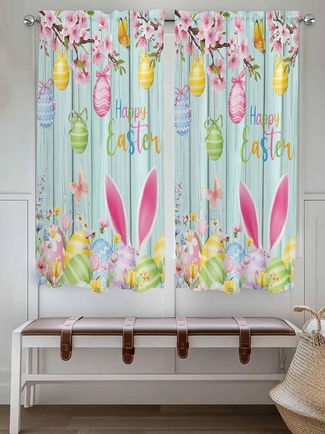 Happy Easter Living Room Curtains 72 Inches length, Spring Bunny Eggs Flower